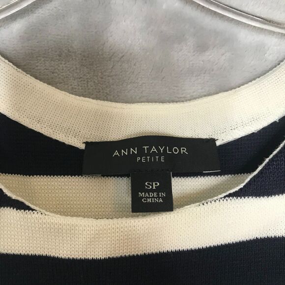 Ann Taylor Petite Dress Womens SP Blue Cream Stripe Knit Short Sleeve Crew Neck - Picture 4 of 7